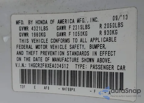 2014 Honda Accord Ex-L из США, поврежденный, VIN 1HGCR2F8XEA034512